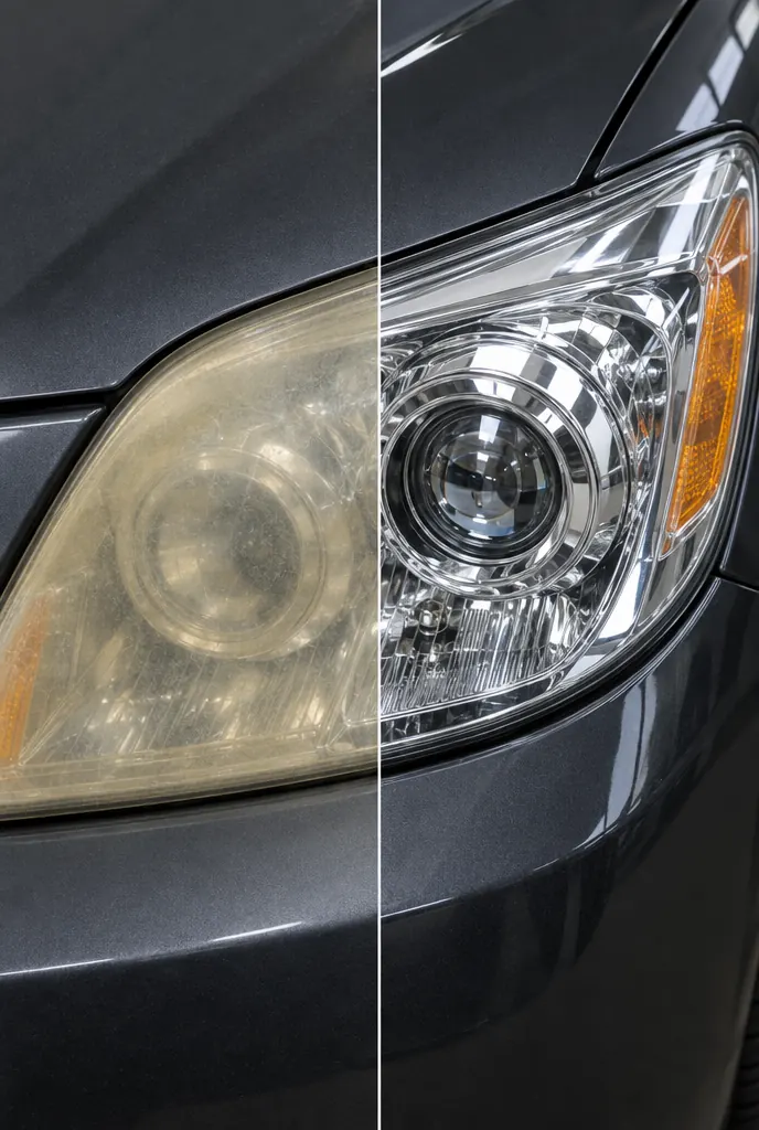 Illustration of a before-and-after post: a yellowed, hazy headlight next to the same headlight restored to clear