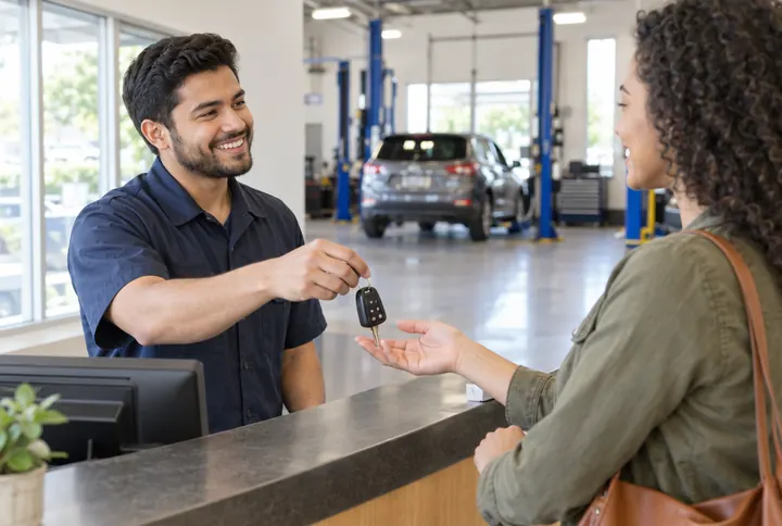 Illustration of a lead-form ad: a service advisor handing car keys to a smiling customer