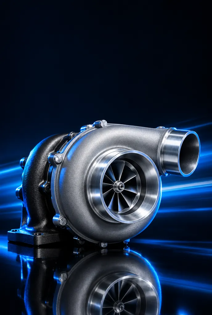 Illustration of a product-first promo: a new turbocharger lit in blue on a dark set