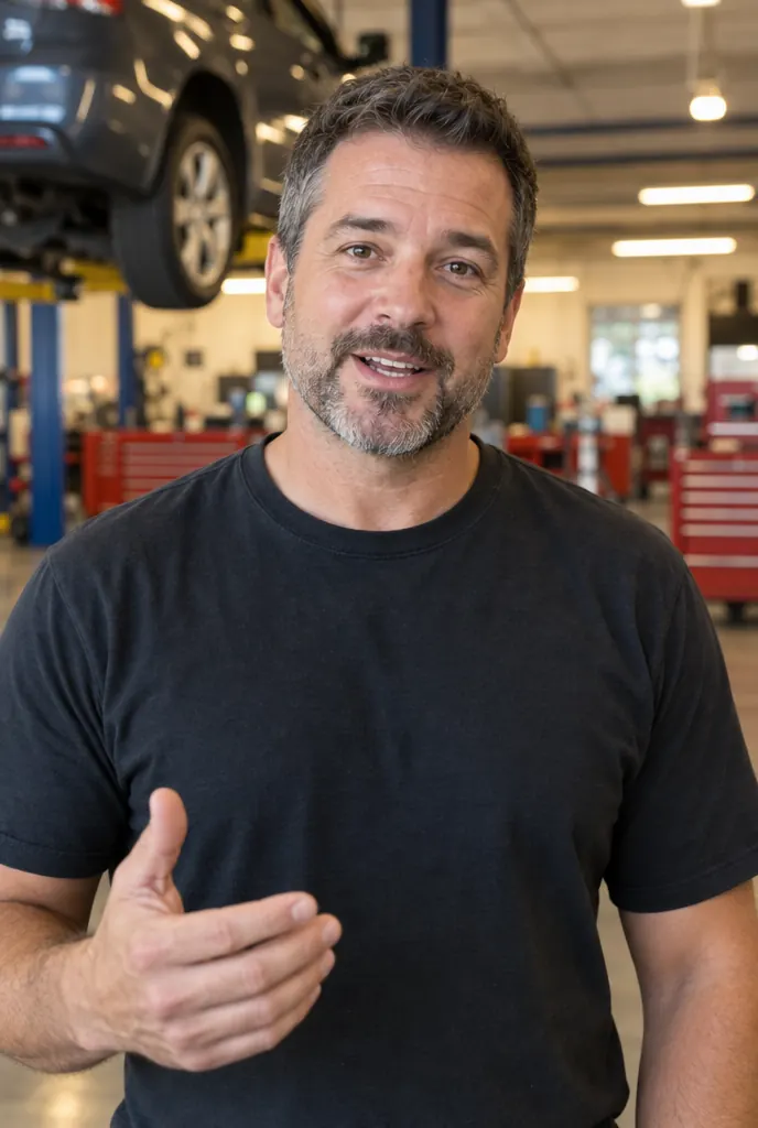 Illustration of a spokesperson video: a shop owner talking straight to the camera in his service bay